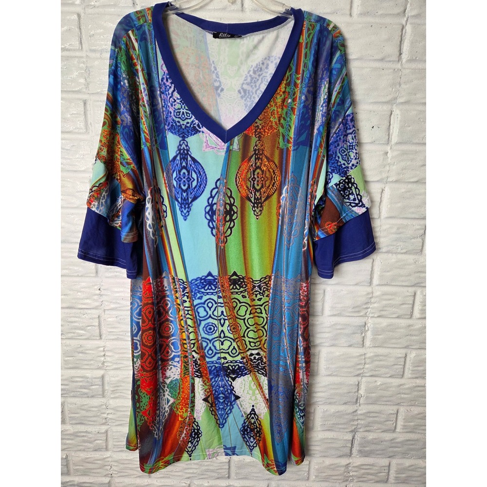 Lily by Firmiana tunic top Women's size 4X Bold colors Stretch Short sleeve